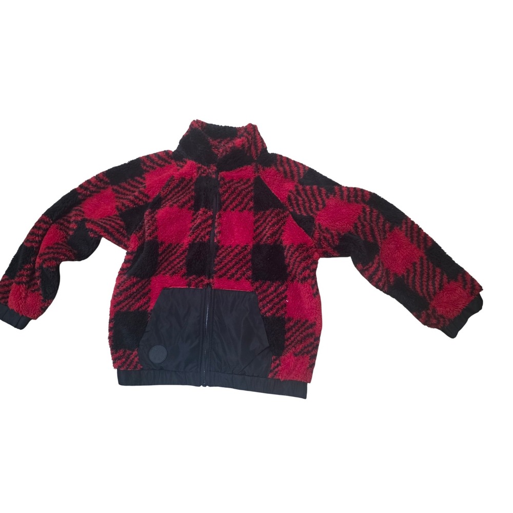 365 Kids Buffalo Plaid Fleece Jacket Red Black 3/4 Zip Pockets Size 10 - Picture 2 of 8